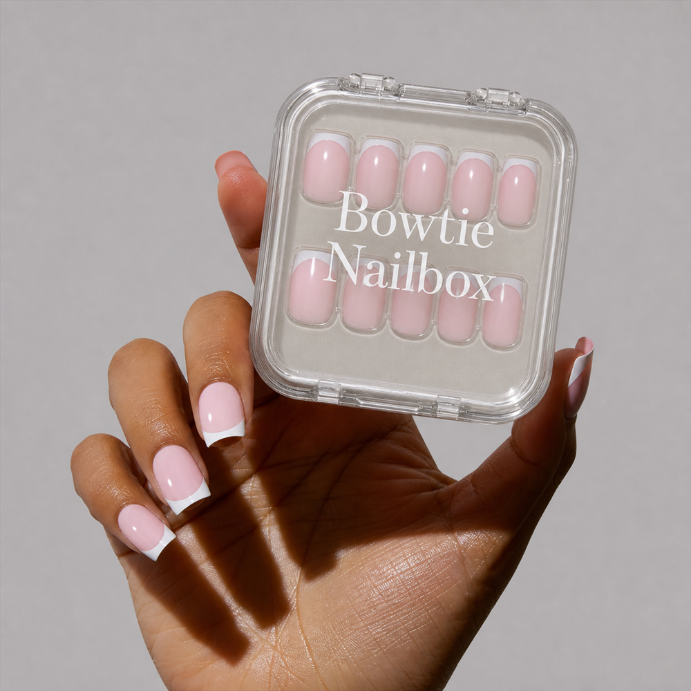 Classy French press-on nails on hand - lifestyle photo, dipped french finish