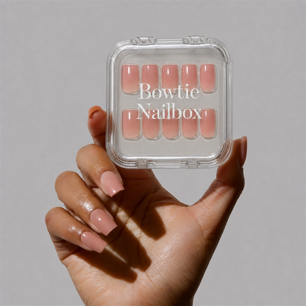 In The Nude press-on nails on hand - lifestyle photo, jelly glaze finish
