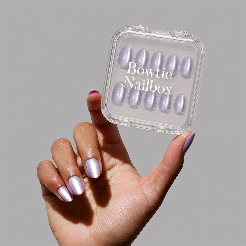 Mermaid's Tail press-on nails on hand - lifestyle photo, cat-eye velvet finish