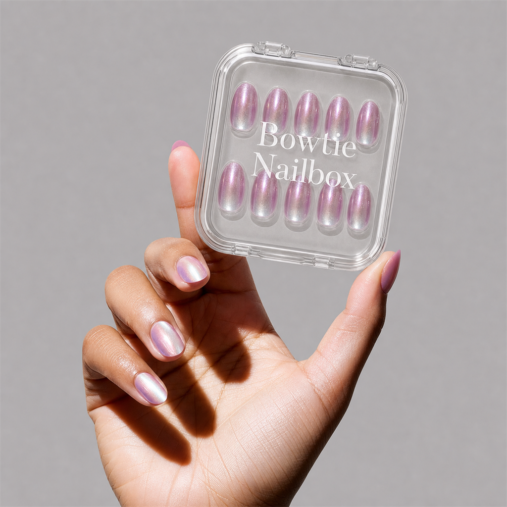 Oyster press-on nails on hand - lifestyle photo, cat-eye velvet finish