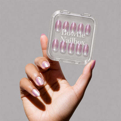 Oyster press-on nails on hand - lifestyle photo, cat-eye velvet finish