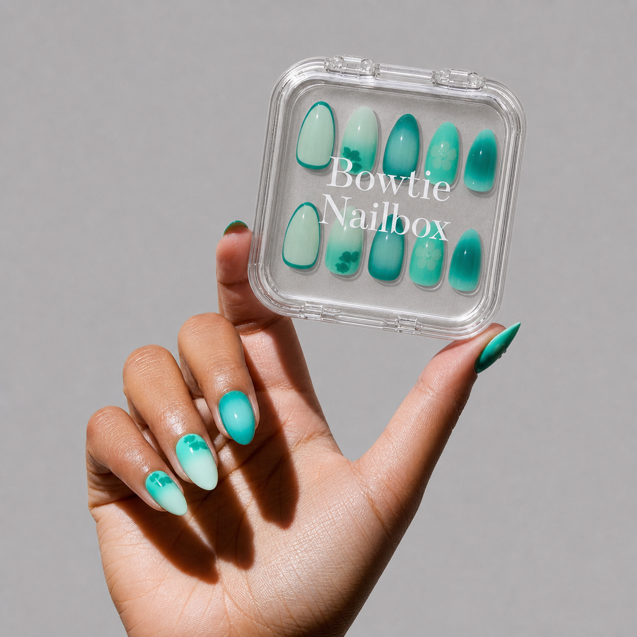 Salty Waves press-on nails on hand - lifestyle photo, milky cloud dancer finish