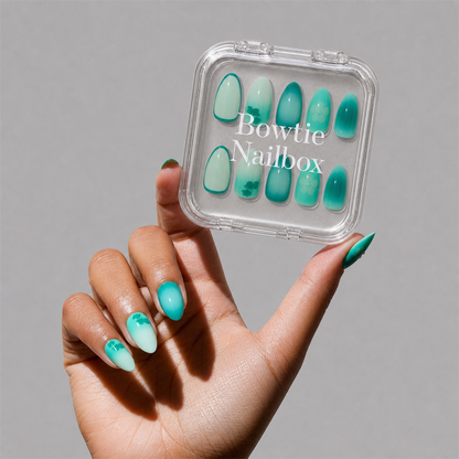 Siren Green press-on nails on hand - lifestyle photo, cat-eye velvet finish