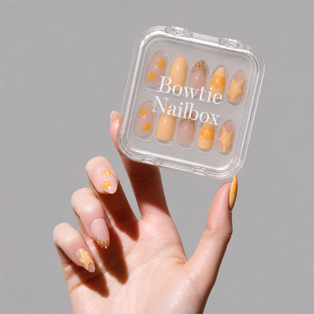 Sunny Shores press-on nails on hand - lifestyle photo, 3d sculptural finish