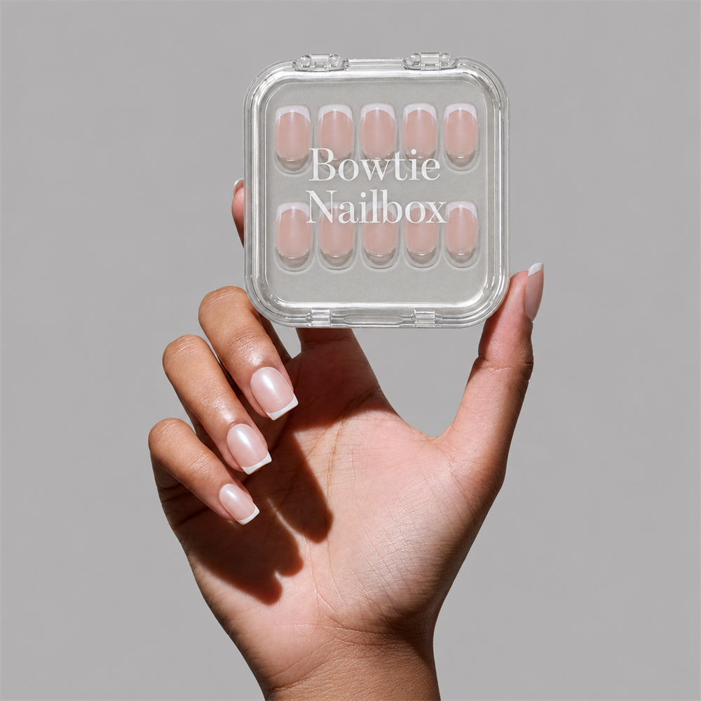 La Perle press-on nails on hand - lifestyle photo, milky cloud dancer finish