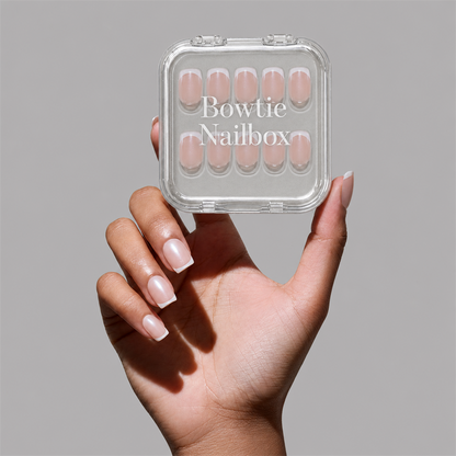 La Perle press-on nails on hand - lifestyle photo, milky cloud dancer finish