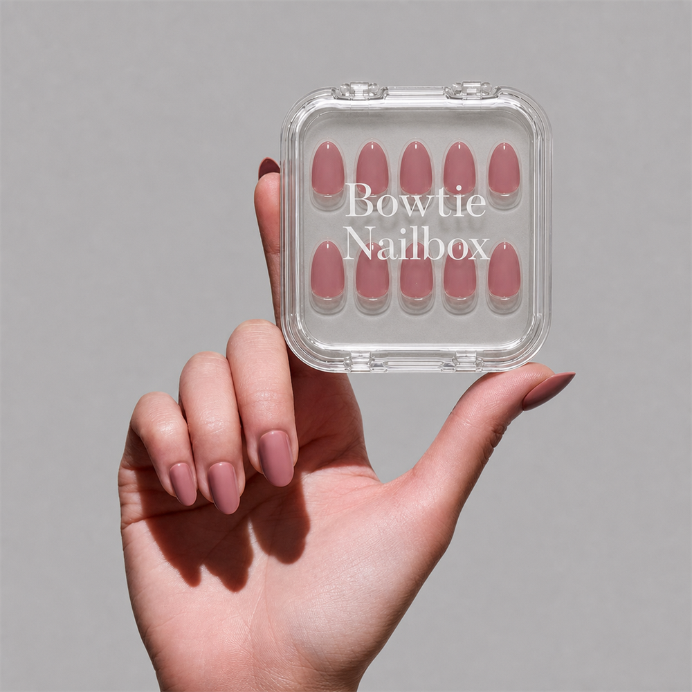 Fall Mauve press-on nails on hand - lifestyle photo, pastel finish