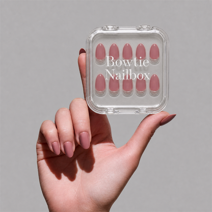 Fall Mauve press-on nails on hand - lifestyle photo, pastel finish
