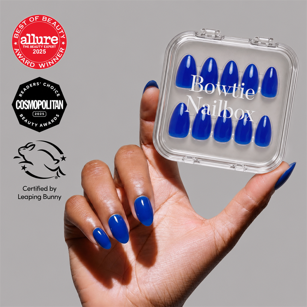 Cobalt Blue press-on nails on hand - lifestyle photo, summer finish