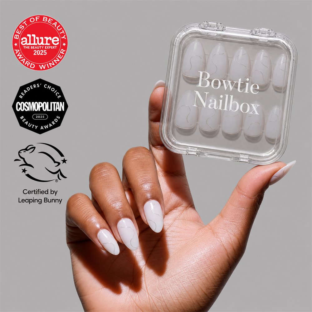 Silent Night press-on nails on hand - lifestyle photo, milky cloud dancer finish