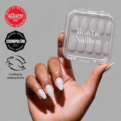 Silent Night press-on nails on hand - lifestyle photo, milky cloud dancer finish