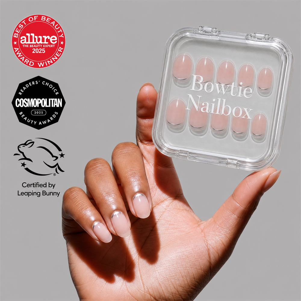Silver Belle press-on nails on hand - lifestyle photo, pearl-shift finish
