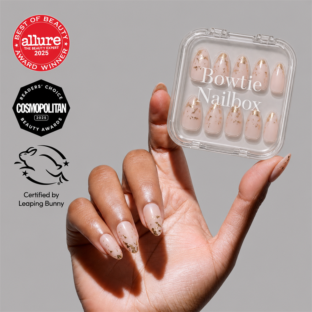 24K press-on nails on hand - lifestyle photo, pearl-shift finish