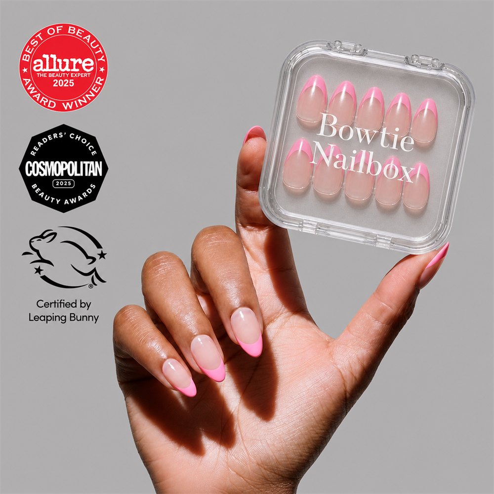 Bubble Gum Glaze press-on nails on hand - lifestyle photo, french tip finish