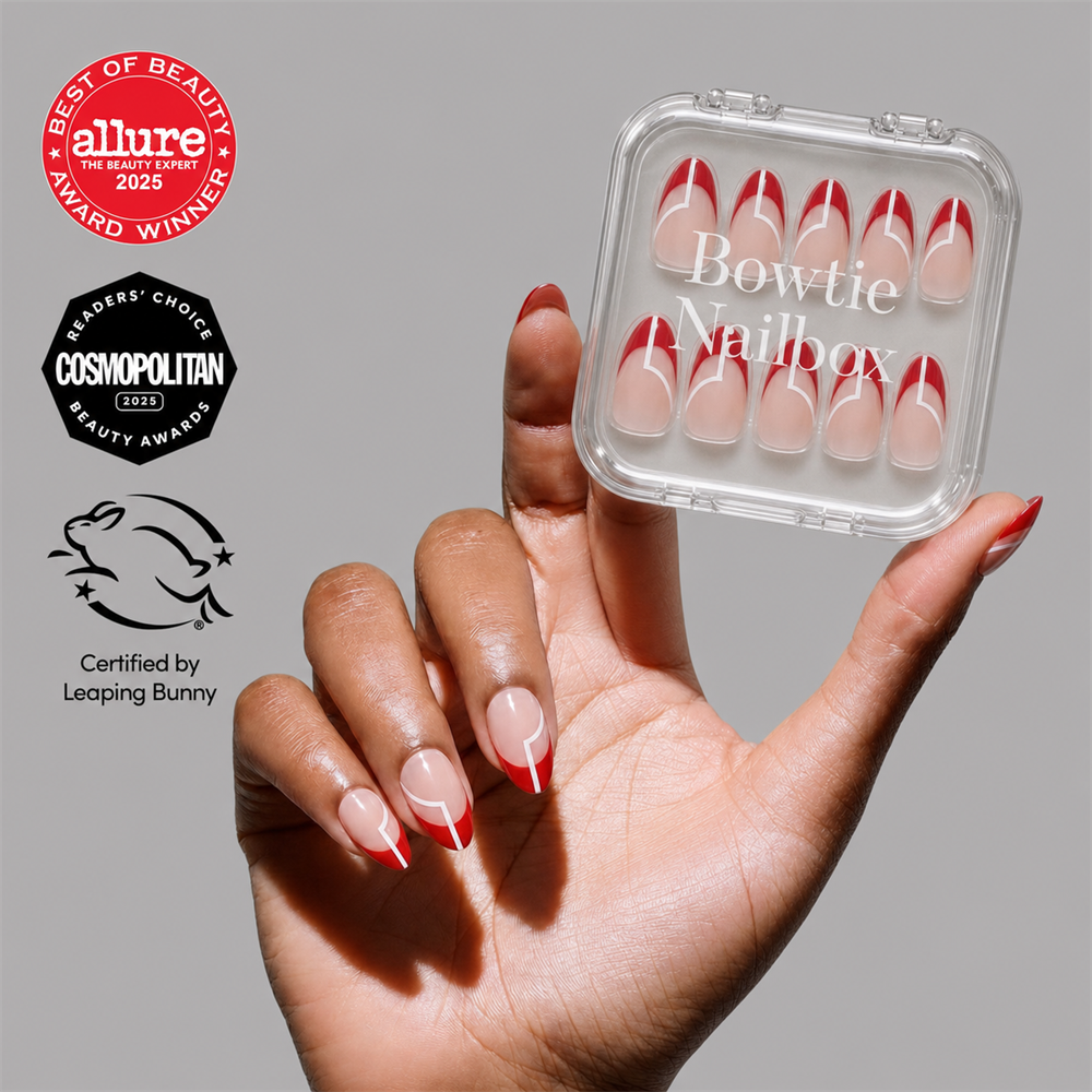 Red Martini press-on nails on hand - lifestyle photo, french tip finish