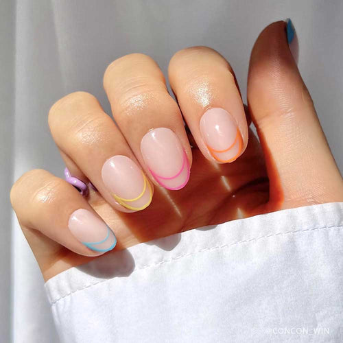 Neon Lights french tip press-on nails - oval shape, front view