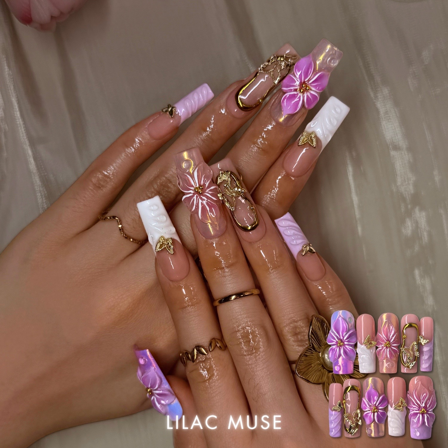 Petal Garden press-on nail set - XS to L sizing, cat-eye velvet design