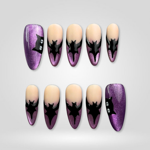 Glow Bat seasonal press-on nails - almond shape, front view