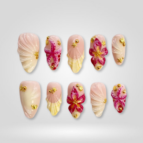 Floral Bliss 3d sculptural press-on nails - almond shape, front view