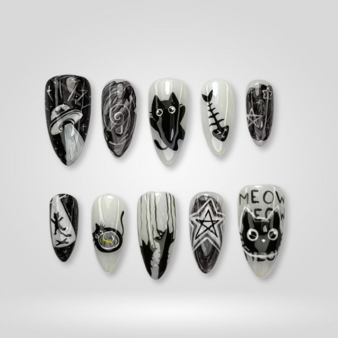 Black Cat seasonal press-on nails - almond shape, front view