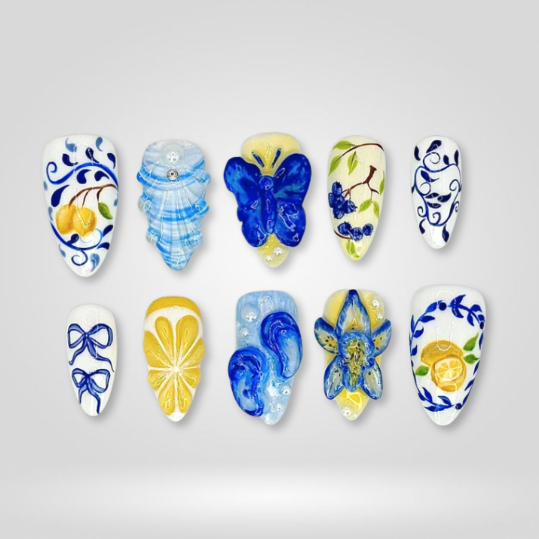 Mediterranean Bloom milky cloud dancer press-on nails - almond shape, front view