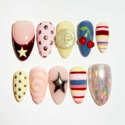 Candy Mirage press-on nails on hand - lifestyle photo, cat-eye velvet finish