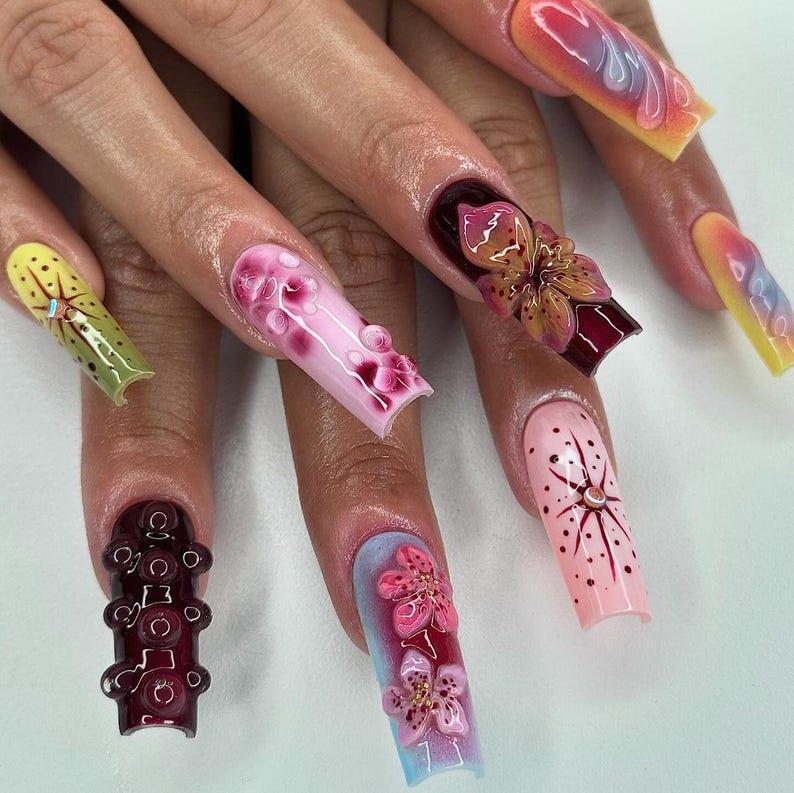 Neon Bloom press-on nail set - XS to L sizing, floral design