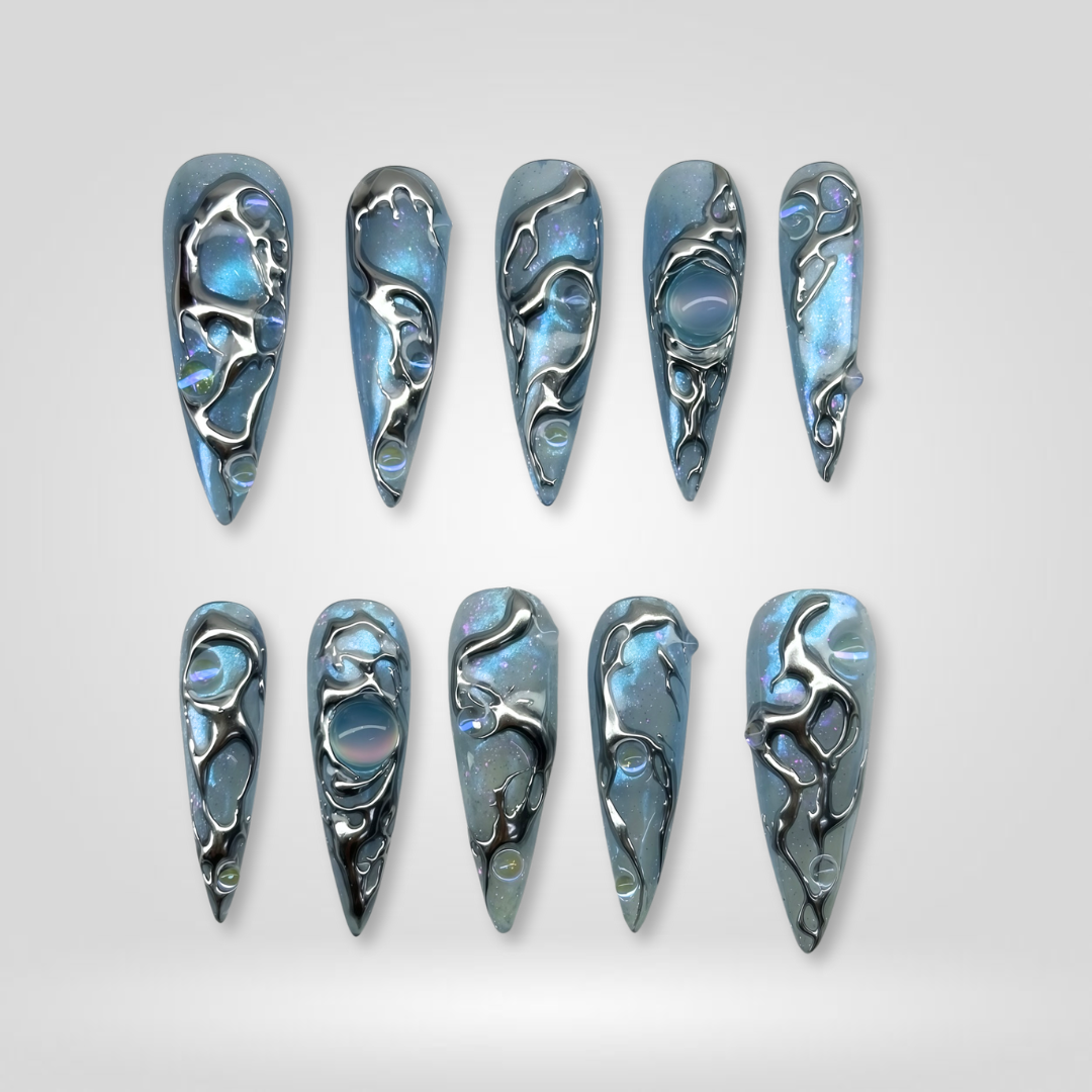 Blue Melt milky cloud dancer press-on nails - almond shape, front view