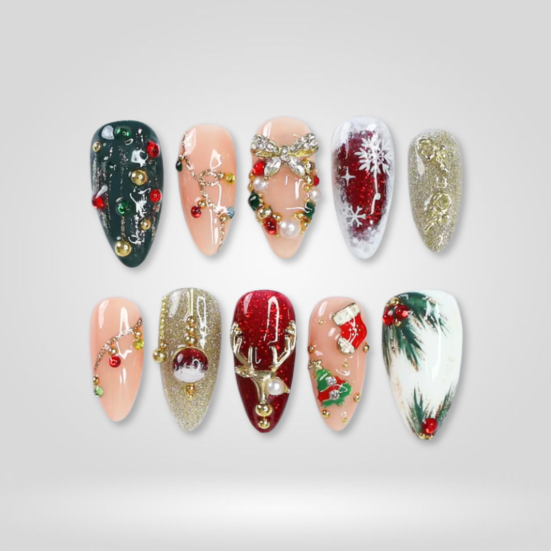 Jewel Noel seasonal press-on nails - almond shape, front view