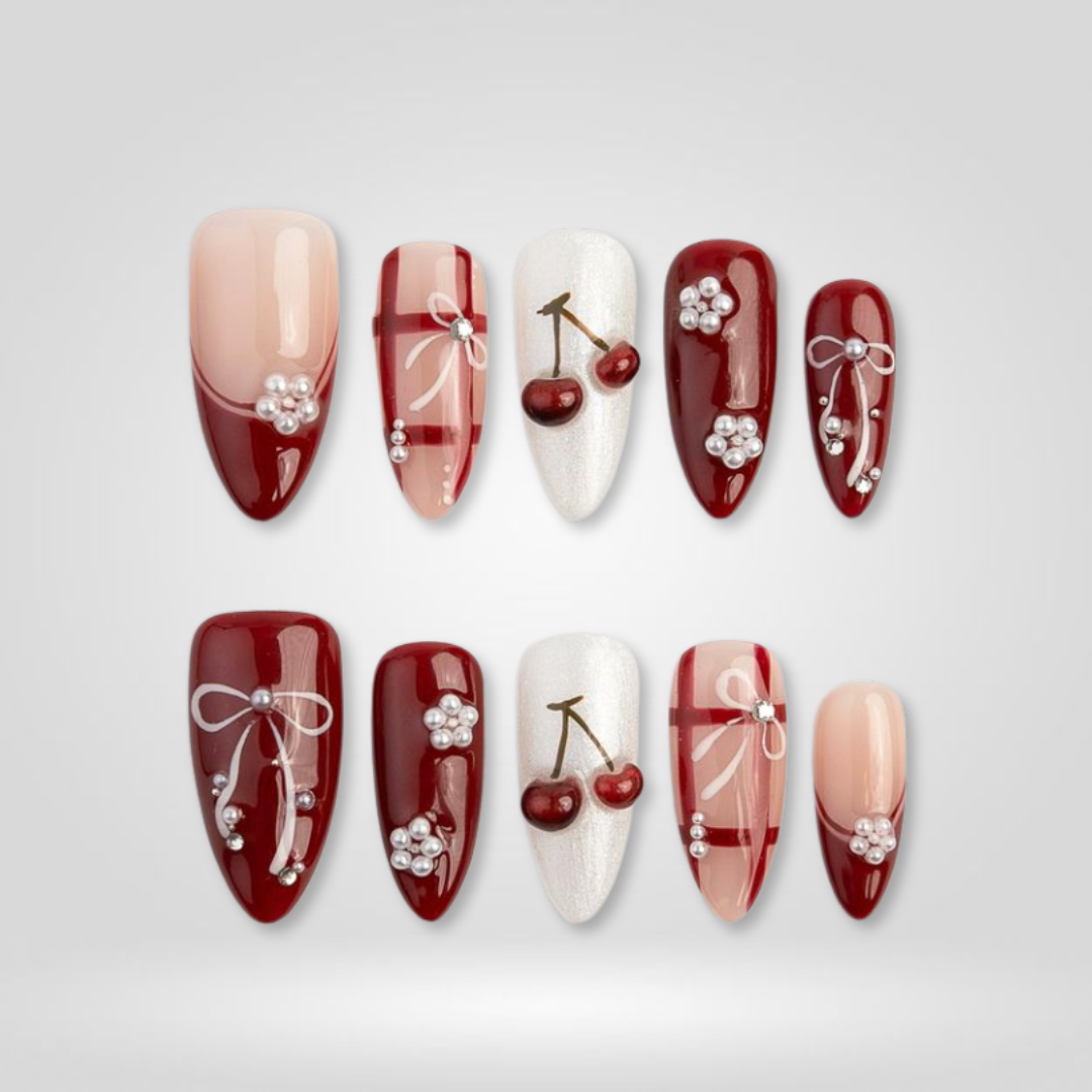 Cherry Pearl milky cloud dancer press-on nails - almond shape, front view