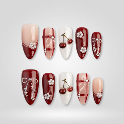 Cherry Pearl milky cloud dancer press-on nails - almond shape, front view
