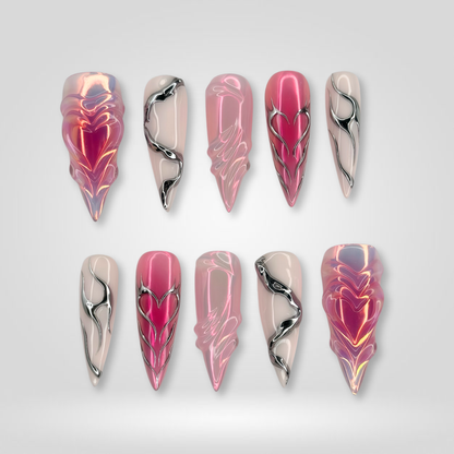 Pink Flame milky cloud dancer press-on nails - almond shape, front view