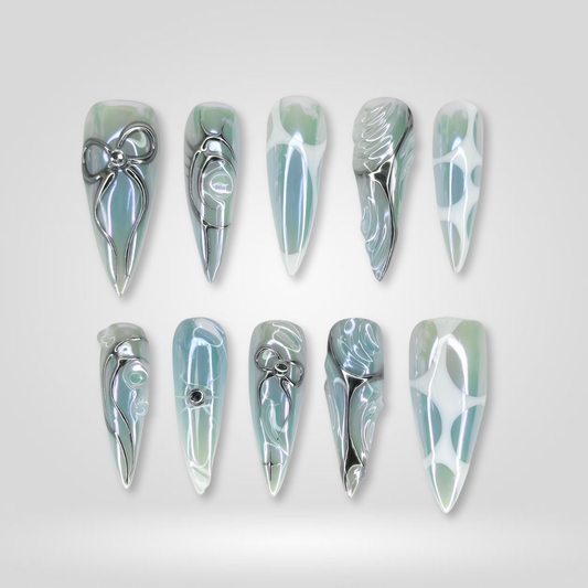 Mint Bow milky cloud dancer press-on nails - almond shape, front view