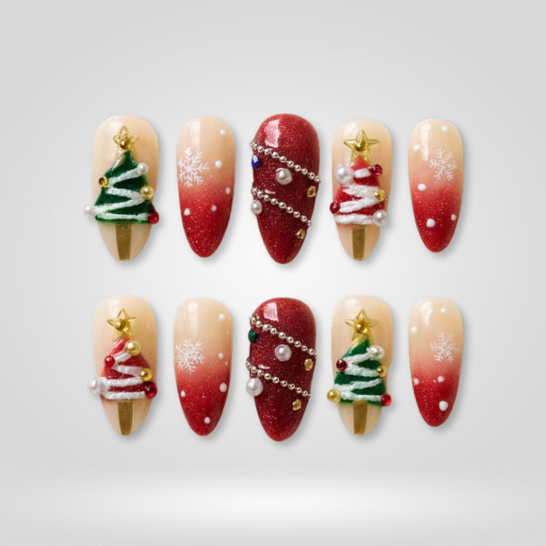 Snowy Glow seasonal press-on nails - almond shape, front view