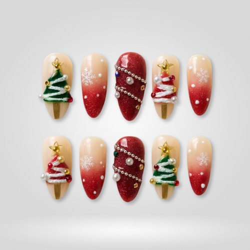 Snowy Glow seasonal press-on nails - almond shape, front view