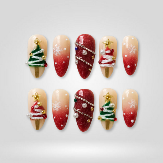 Snowy Glow seasonal press-on nails - almond shape, front view