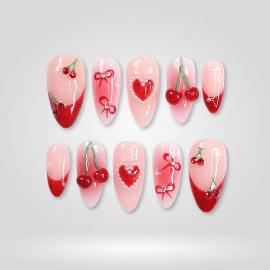 Cherry Love berry press-on nails - almond shape, front view