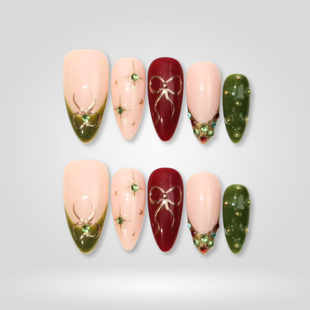 Golden Eve seasonal press-on nails - almond shape, front view
