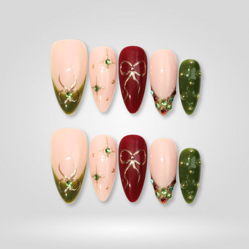 Golden Eve seasonal press-on nails - almond shape, front view