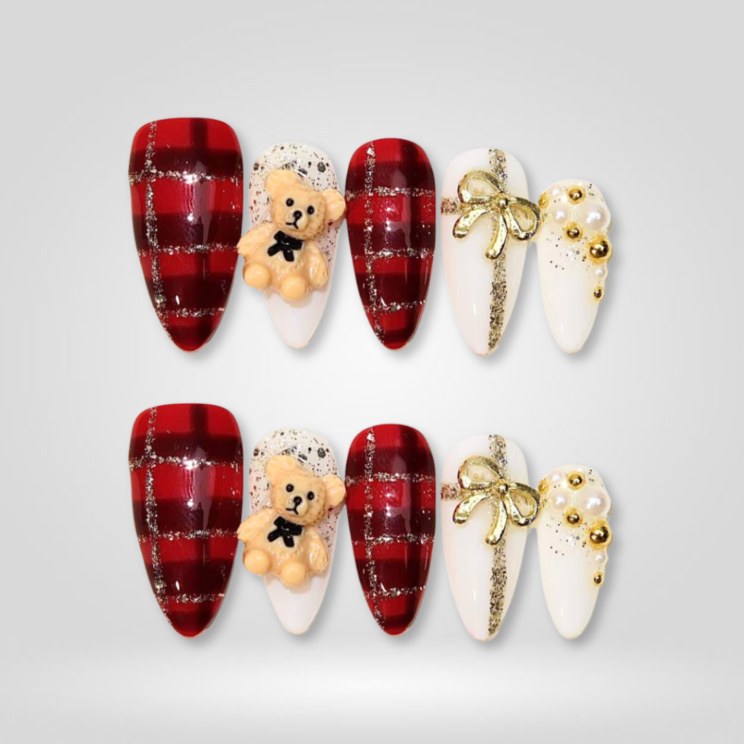 Teddy Gift seasonal press-on nails - almond shape, front view