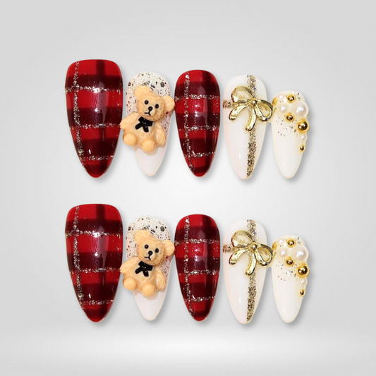 Teddy Gift seasonal press-on nails - almond shape, front view