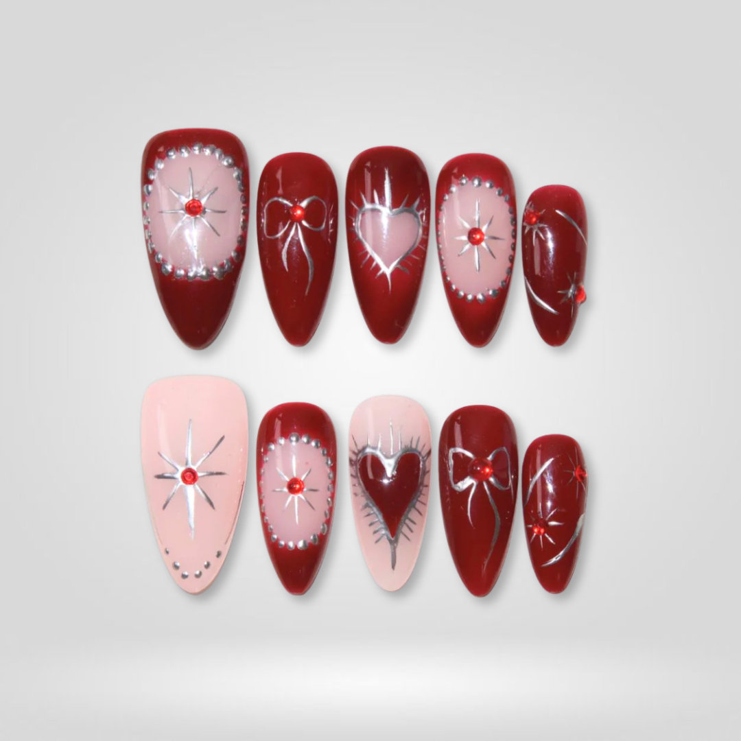 Crimson Glow seasonal press-on nails - almond shape, front view