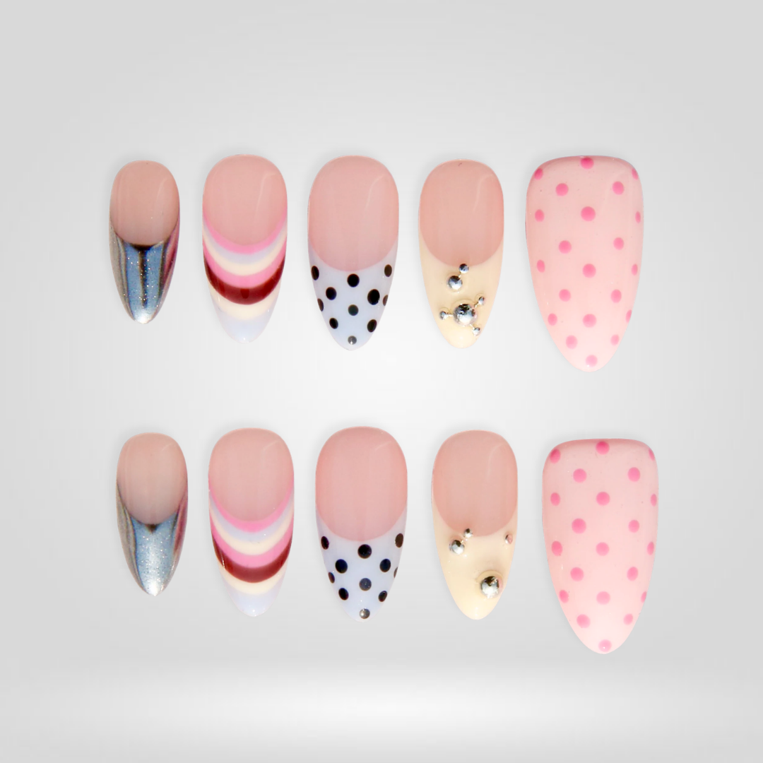 Sweet Meadow press-on nails on hand - lifestyle photo, polka dot finish