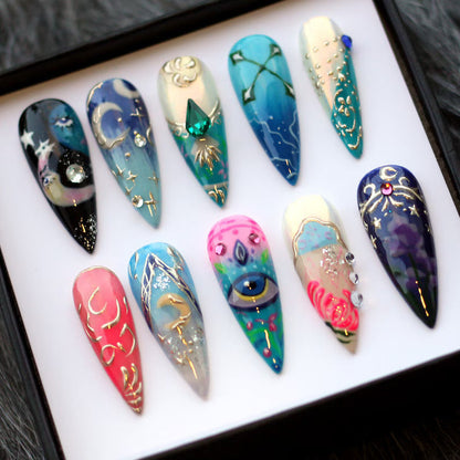 Moon & Star press-on nails close-up texture detail - sparkle finish, US shipping
