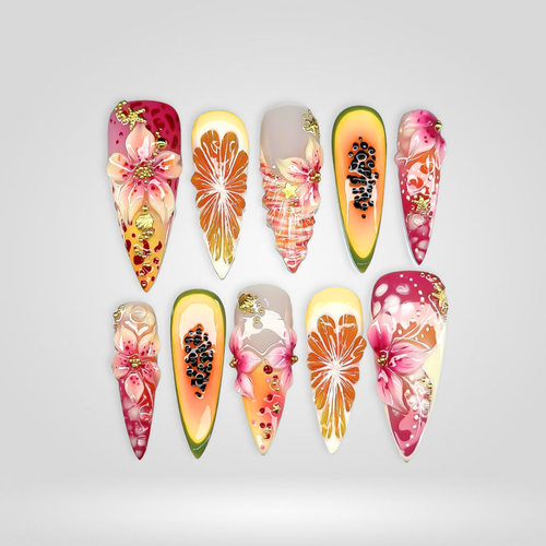 Tropical Blossom cat-eye velvet press-on nails - almond shape, front view