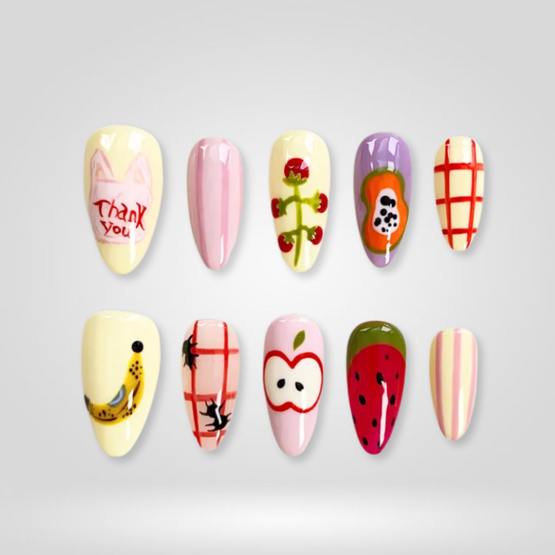 Fruit Party floral press-on nails - almond shape, front view