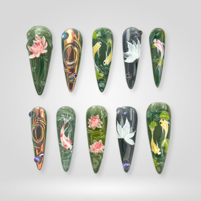 Koi Ocean press-on nails close-up texture detail - cat-eye velvet finish, US shipping