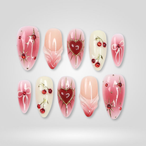 Cherry Kiss berry press-on nails - almond shape, front view