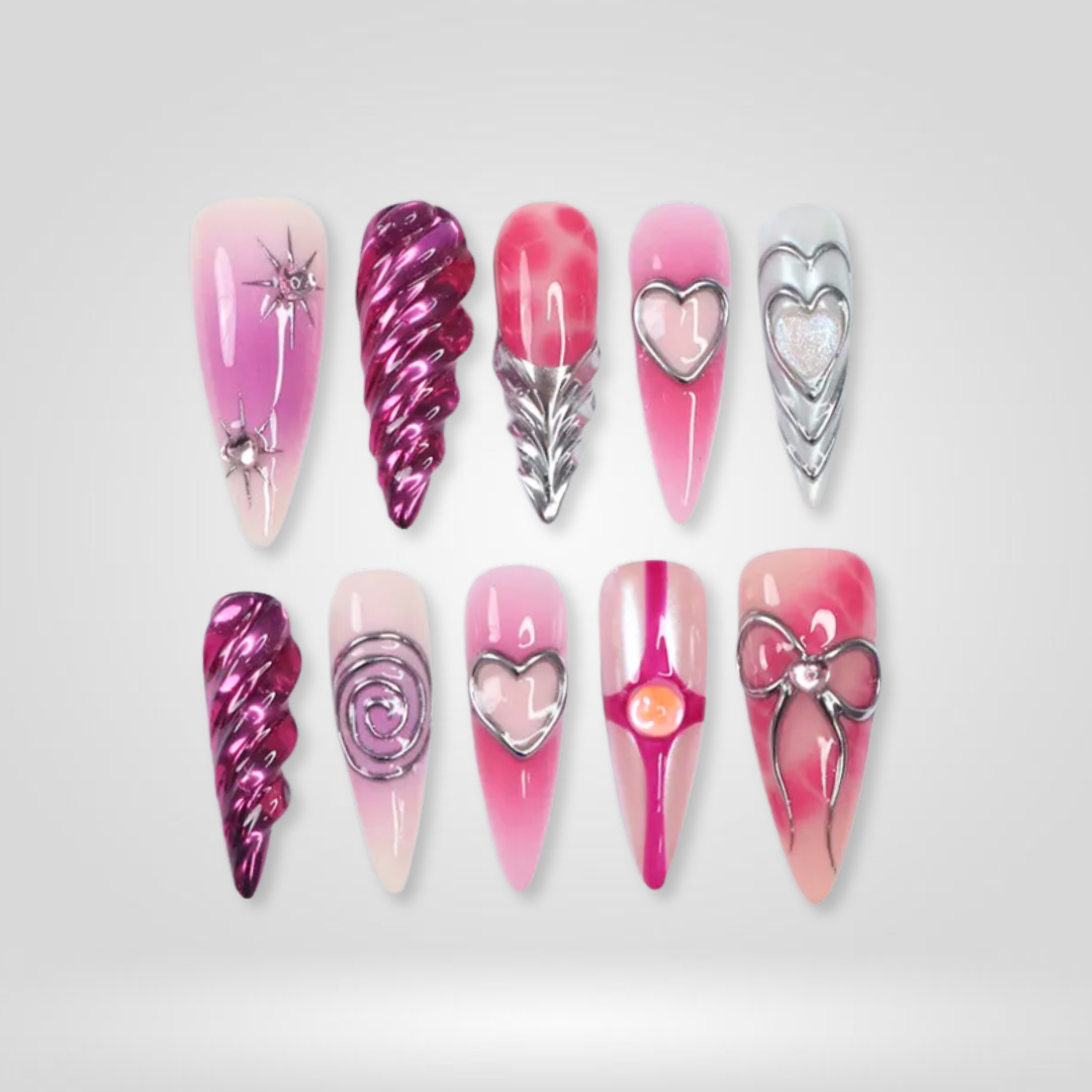 Galactic Inferno 3d sculptural press-on nails - almond shape, front view