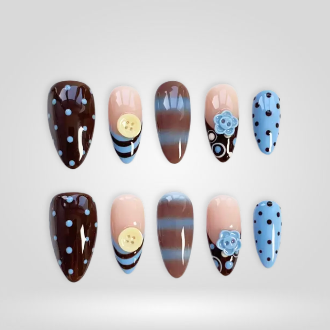 Dot Striped press-on nails on hand - lifestyle photo, polka dot finish